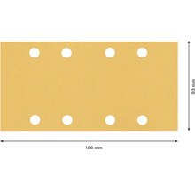 Schleifpapier mit acht Löchern und den Maßen 186 mm mal 93 mm.