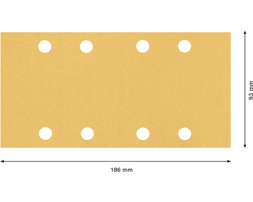 Schleifpapier mit acht Löchern und den Maßen 186 mm mal 93 mm.