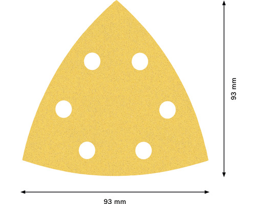 Dreieckiges Schleifpapier mit sechs Löchern und einer Größe von 93 mm.