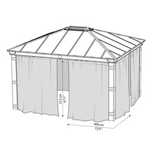 Zeichnung eines Pavillons mit Vorhängen und den Maßangaben 212 cm Höhe und 409 cm Breite