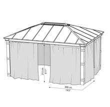 Illustration eines Pavillons mit Vorhängen und den Maßen 212 Zentimeter Höhe und 440 Zentimeter Länge