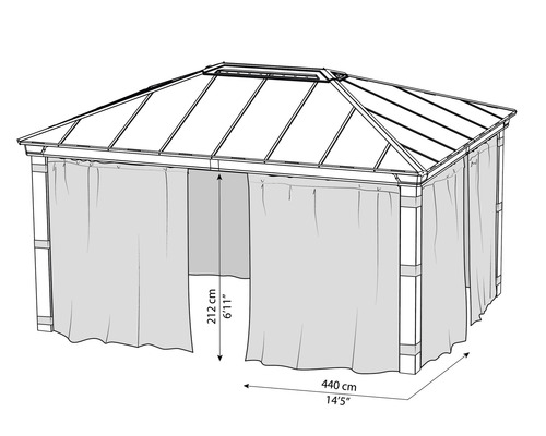 Illustration eines Pavillons mit Vorhängen und Maßangaben