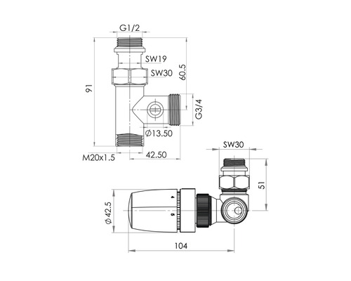 Technische Zeichnung eines Heizkörperventils mit Maßangaben