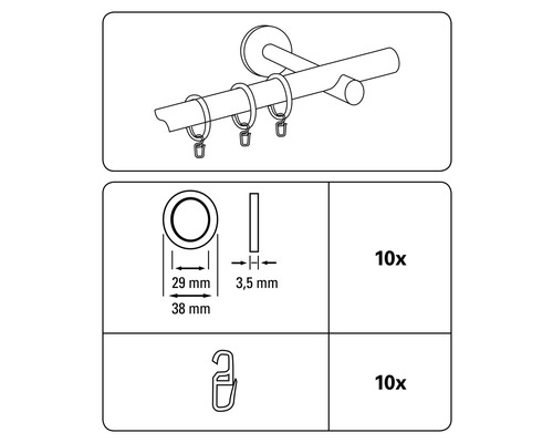 Gardinenstangen-Set mit Ringen und Faltenhaken, zehn Stück