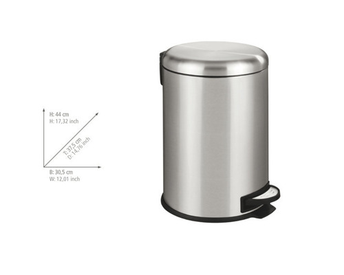 Treteimer aus Metall mit den Maßen 44 cm Höhe, 37,5 cm Tiefe und 30,5 cm Breite.