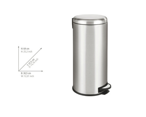 Treteimer aus Stahl mit den Maßen Höhe 64 cm, Breite 30,5 cm und Tiefe 37,5 cm