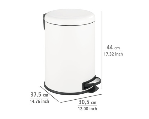 Weißer Treteimer mit den Maßen 44 cm Höhe, 37,5 cm Breite und 30,5 cm Tiefe.