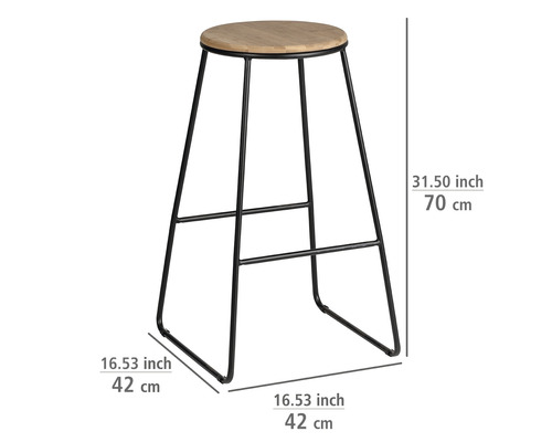 Hocker mit Sitzfläche aus Holz und schwarzem Metallgestell, Abmessungen sind dargestellt