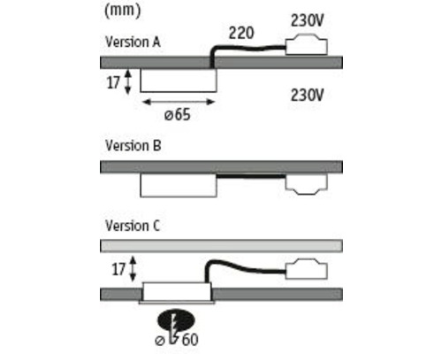 Skizze verschiedener Versionen einer Leuchte mit Maßangaben in Millimeter