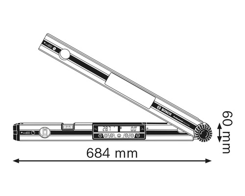 Digitale Wasserwaage mit einer Länge von 684 Millimeter und einer Breite von 60 Millimeter.