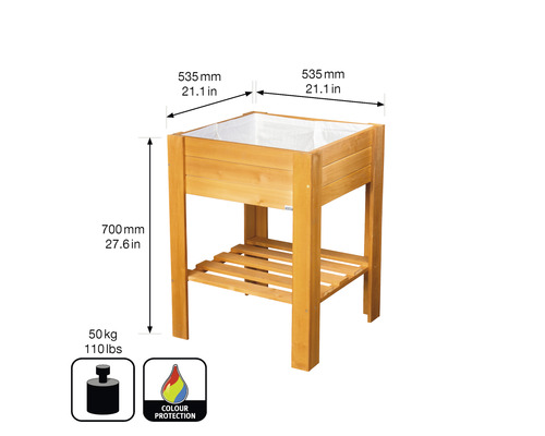 Hochbeet aus Holz mit den Maßen 535 mm Breite, 700 mm Höhe und einer Belastbarkeit von 50 kg.