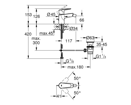 Technische Zeichnung einer Armatur mit Maßangaben