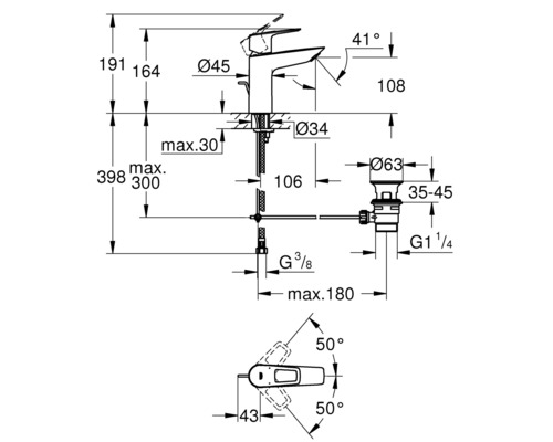 Technische Zeichnung einer Waschtischarmatur mit Maßangaben