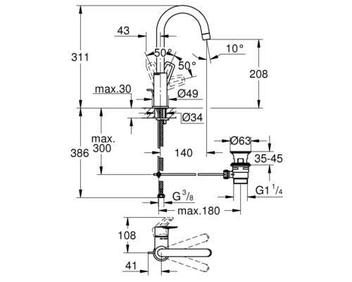 Maßzeichnung einer Küchenarmatur mit allen Maßangaben