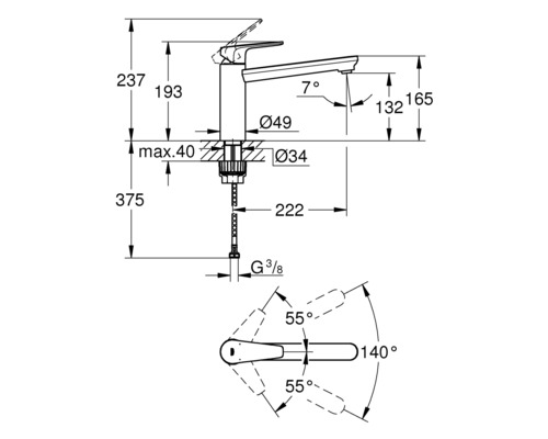 Technische Zeichnung einer Armatur mit Maßangaben.
