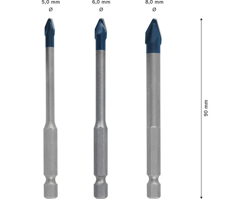 Drei Glasbohrer mit Durchmessern von 5, 6 und 8 Millimetern und einer Länge von 90 Millimetern.