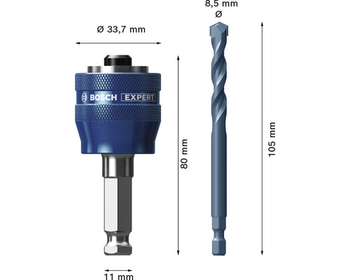 Bosch Expert Schlagbohrschrauber Adapter und 8,5 mm Durchmesser Bohrer mit Maßangaben