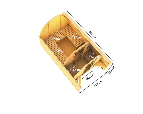 Draufsicht einer Gartensauna mit Maßangaben der Abmessungen