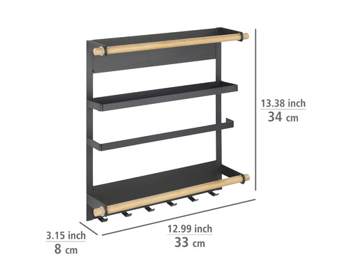 Magnetisches Küchenregal mit drei Ablagen, einer Stange und Haken zur Aufbewahrung von Küchenutensilien.
