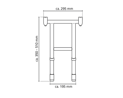 Technische Zeichnung eines Haltegriffs mit den Maßen circa 295 mm Breite und circa 350 bis 510 mm Höhe.