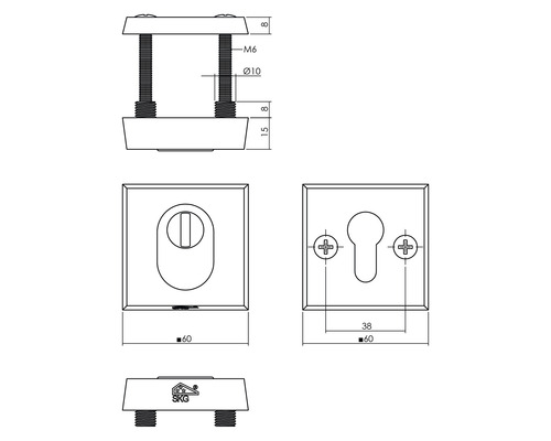 Technische Zeichnung eines Türbeschlags mit Maßen