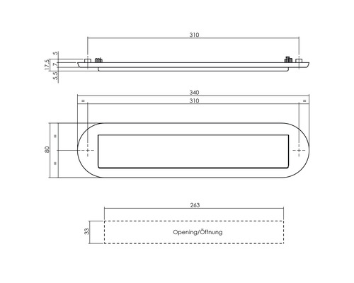 Technische Zeichnung eines Briefkastenschlitzes mit Maßangaben