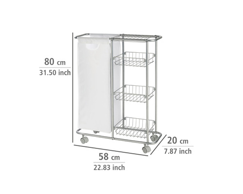 Wäschewagen mit Wäschekorb und drei Ablagekörben aus Metall, Maße sind dargestellt