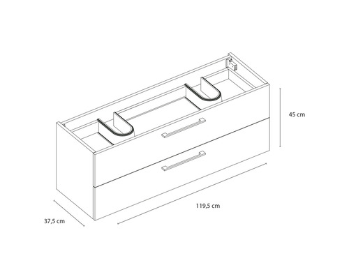 Waschtischunterschrank mit zwei Schubladen und Maßangaben: 45 cm Höhe, 119,5 cm Breite und 37,5 cm Tiefe.