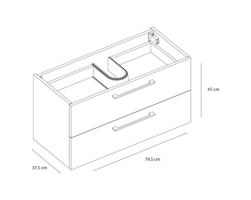 Zeichnung eines Waschtischunterschranks mit zwei Schubladen und den Maßen 79,5 cm Breite, 45 cm Höhe und 37,5 cm Tiefe.