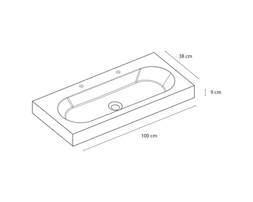 Waschtisch mit Abmessungen: 100 cm Länge, 38 cm Breite und 9 cm Höhe