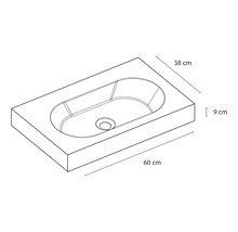 Zeichnung eines Aufsatzwaschbeckens mit den Maßen 60 cm Länge, 38 cm Breite und 9 cm Höhe