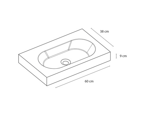 Zeichnung eines Waschtischs mit Abmessungen: 60 cm Länge, 38 cm Breite und 9 cm Höhe