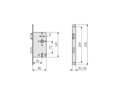 Technische Zeichnung eines Einsteckschlosses mit Maßen