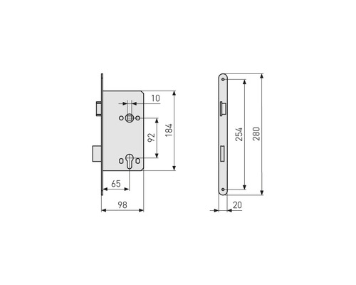 Technische Zeichnung eines Einsteckschlosses mit Maßangaben
