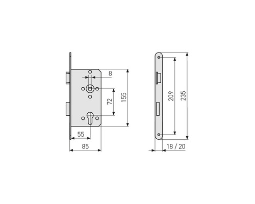Technische Zeichnung eines Einsteckschlosses mit Maßen