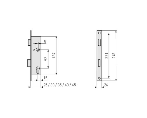 Technische Zeichnung eines Einsteckschlosses mit Maßangaben