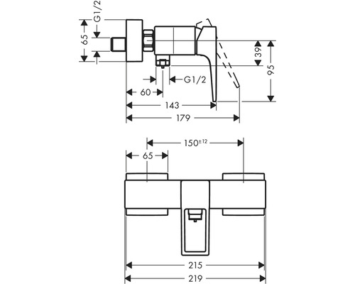 Technische Zeichnung einer Armatur mit Maßangaben
