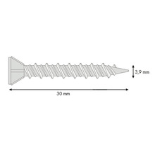 Illustration einer Senkkopfschraube mit den Maßen 30 mm Länge und 3,9 mm Durchmesser.