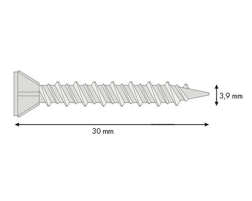 Illustration einer Holzschraube mit den Maßen 30 mm Länge und 3,9 mm Durchmesser