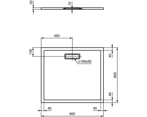 Technische Zeichnung einer Duschwanne mit Maßangaben.