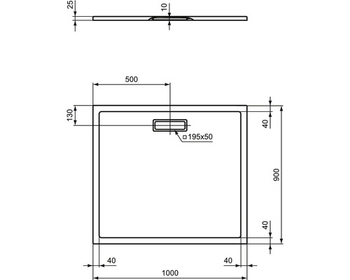 Technische Zeichnung einer Duschwanne mit Maßangaben
