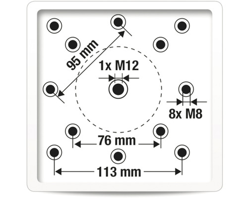 Technische Zeichnung mit Abmessungen für ein Produkt: 1x M12, 8x M8, 95 mm, 76 mm und 113 mm