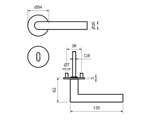 Technische Zeichnung eines Türdrückers mit Maßangaben