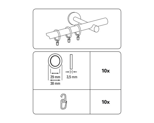 Technische Zeichnung einer Gardinenstange mit Ringen und Haken, 10 Stück