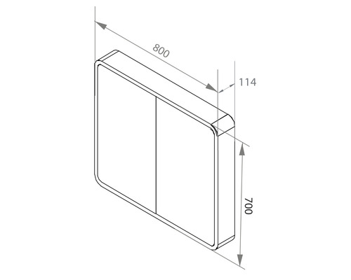 Technische Zeichnung eines Badezimmerschranks mit den Maßen 800 x 700 x 114 Millimeter