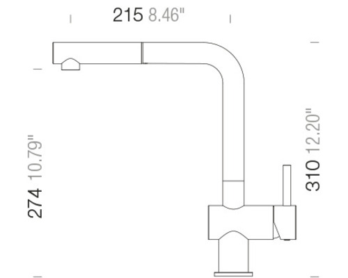 Technische Zeichnung einer Küchenarmatur mit Maßangaben