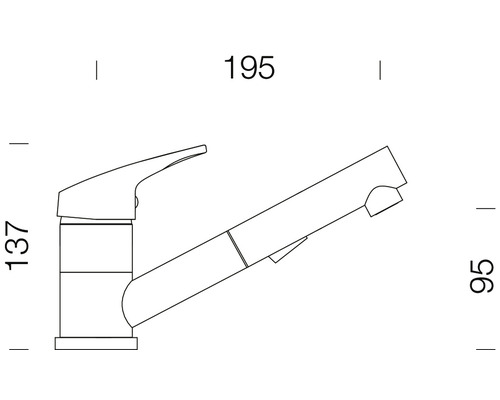 Technische Zeichnung einer Küchenarmatur mit Ausziehbrause und Maßangaben