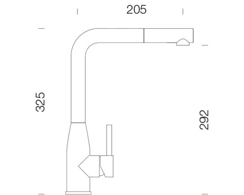 Zeichnung einer Küchenarmatur mit Maßangaben