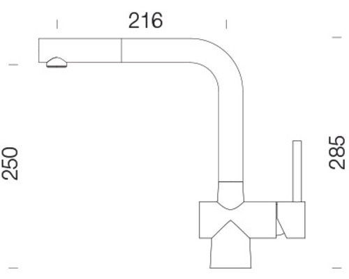 Technische Zeichnung einer Küchenarmatur mit Maßen.
