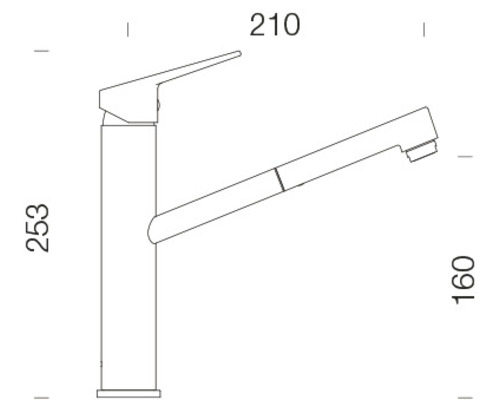 Technische Zeichnung einer Küchenarmatur mit den Maßen 253, 210 und 160 Millimeter.